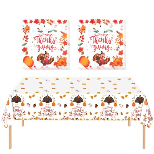 Servietten Herbst Thanksgiving, Thanksgiving-Tischdecke mit 274 x 137 cm großer Tischdecke und 20 Ahornblatt-Truthahn-Kürbis-Servietten als Tischdekoration. von Leeelyan