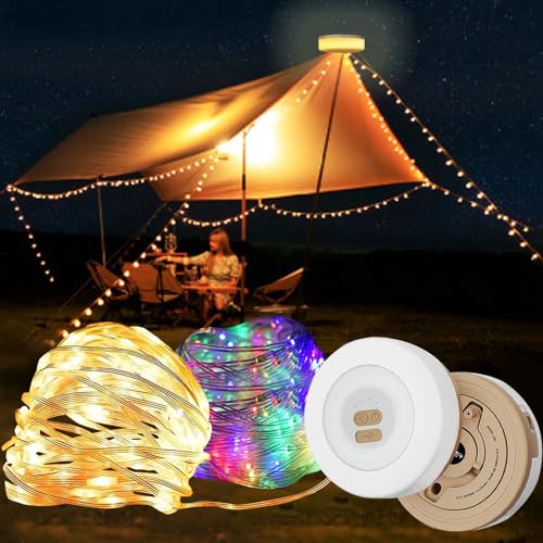 Camping Lichterkette Aufrollbar, Tragbare Wasserdichte Verstaubar Usb Wiederaufladbare Campinglampe Für Aussen Balkon Hof Party Festival Deko (Gelb, 10M (Farbe & Warmes Licht)) von Leehui