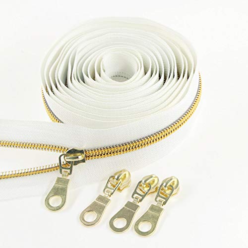 # 5 Gold metallic Nylon Spule Reißverschlüsse von The Yard Bulk 10 Yards weißes Klebeband mit 25 Stück Gold Schieberegler für DIY Sewing Tailor Craft Bag Leekayer (weiß) von Leekayer