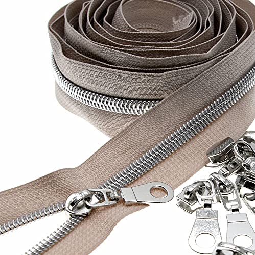 #5 Metallic Nylon Reißverschlüsse von der Rolle 10 Yards silber Zähne Beige Klebeband mit 25 Stück Schieber für DIY Nähen Schneider Handwerk Tasche Gepäck Leekayer von Leekayer