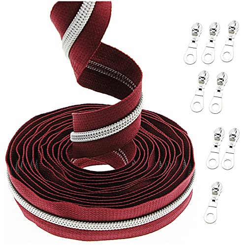 #5 Metallic Nylonspulen-Reißverschlüsse Meterware 10 Yards wein rotes Klebeband mit 25 Stück Silber schiebern für DIY Nähen Schneider Handwerk Tasche Gepäck kissen Leekayer von Leekayer