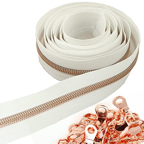 5# Nylon-Reißverschlüsse Meterware 10 Yards Roségold Metallic-Zähne Weißes Klebeband mit 25 Stück Schiebern für DIY Nähen Schneider Handwerk Tasche Leekayer von Leekayer