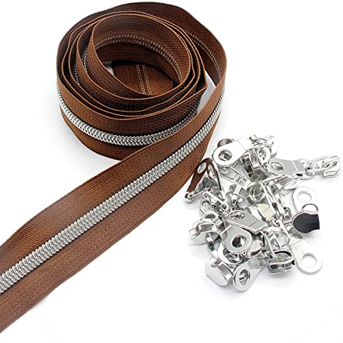 5# Reißverschlüsse Meterware 10 Yards Nylon Metallic Silber Zähne Brauner Bandreißverschluss mit 25 Stück Schiebern für DIY Nähen Schneider Handwerk Tasche Leekayer (Braun) von Leekayer