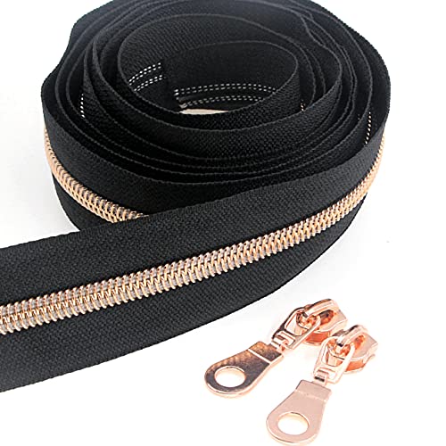 Leekayer # 5 Rotgold metallic Nylon Spule Reißverschlüsse von The Yard Bulk 10 Yards schwarzes Band mit 25 Stück Rotgold Schieberegler für DIY Nähen Schneider Handwerk Tasche (schwarz) von Leekayer