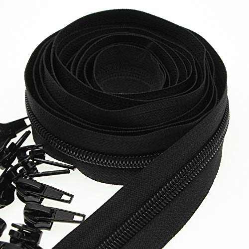 5# Schwarze Nylonspulen-Reißverschlüsse Meterware 10 Yards mit 25 Stück schwarzen Schiebern für DIY Schneider Nähen Handwerk, Gepäck, Kleid, Sofakissen, Kissen, Tasche Leekayer (Schwarz) von Leekayer