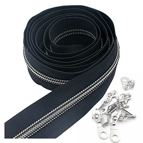 #5 Silberne Metallic-Nylon-Spulen-Reißverschlüsse Meterware Bulk 10 Yards dunkelblaues Klebeband mit 25 Stück silbernen Schiebern für DIY Nähen Schneider Handwerk Tasche Leekayer (Dunkel blau) von Leekayer