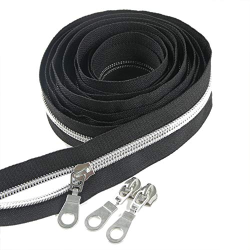 Leekayer #5 antikes Silber metallic Nylon Spule Reißverschlüsse von The Yard Bulk 9m schwarzes Klebeband mit 25 Stück Silber Schieberegler für DIY Nähen Schneider Handwerk Tasche (schwarz) von Leekayer