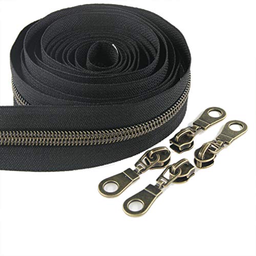 #5 gunmetal metallic Nylon Spule Reißverschlüsse von The Yard Bulk 9m schwarzes Klebeband mit 25 Stück Gold Schieberegler für DIY Nähen Schneider Handwerk Tasche Leekayer (schwarz) von Leekayer