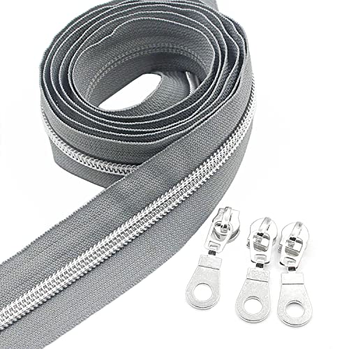 Leekayer Metallic-Silber-Nylon-Spiralreißverschlüsse von The Yard Bulk 9,1 m graues Klebeband mit 25 silbernen Schiebern für Heimwerker, Nähen, Schneider, Handwerk, Tasche (grau) von Leekayer