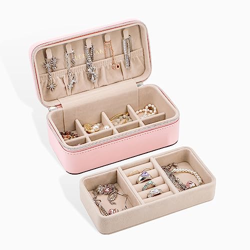 Leepliar Reise-Schmuckkoffer, kleiner Schmuck-Organizer, doppellagig, tragbar, Reise-Schmuckschatulle für Frauen und Mädchen, PU-Leder, Mini-Schmucketui für Ringe, Halsketten, Armbänder (rosa) von Leepliar