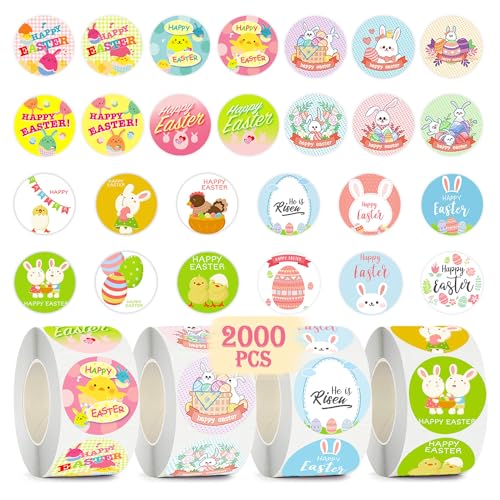 Leesgel 2000 Stück Ostern Aufkleber Rolle Geschenke Kinder, 24 Muster Oster Kinder Sticker Frohe Ostern Hasen Ostereier Küken Aufkleber, Ostern Dekoration für Geschenkaufkleber von Leesgel