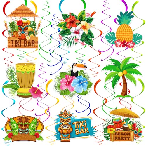 Leesgel 74 Stück Hawaii Deko Deckenhänger Spiral, Flamingo Sommer Deko für Hawaii Party, Tiki Karibik Beach Party Deko für Tropische Geburtstag Party Gadgets Deko von Leesgel