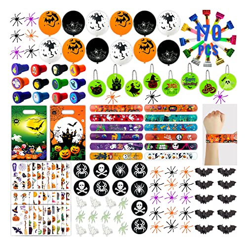 Leesgel Halloween Party Mitgebsel, 170 Stück Halloween Deko Party Zubehör – Tattoo Kinder Leckerbissen Schlüsselanhänger Slap Armbänder Stempel Ringe Luftballon Gebläse, Halloween Geschenke Kinder von Leesgel