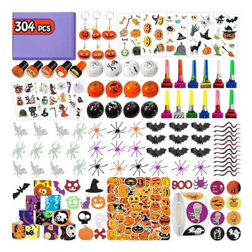 Leesgel Halloween Party Mitgebsel, 304pcs Halloween Box Set für Spinne/Fledermaus/Slap Armband/Ballon/Schlüsselanhänger/Schlange/Tattoos Aufkleber Kinder Halloween Deko Spiele Spielzeug Geschenke von Leesgel