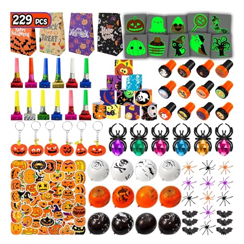 Leesgel Halloween Spielzeug für Kinder Party Tasche Füller, 229pcs Halloween Süßigkeiten Tasche/Ballon/Slap Armband/Stempel/Spinne/Fledermaus/Tattoos Aufkleber, Halloween Geschenke Spiele Preise von Leesgel