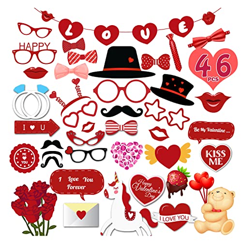 Leesgel Valentinstag Foto Requisiten, 42 Stück Valentinstag Party Foto Booth Requisiten Dekorationen mit Brille Blume Lippen Herz Liebe Banner, Valentinstag Deko Hochzeit Geburtstagsparty Zubehör von Leesgel