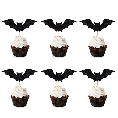 Leetaivie 24 Stück Fledermaus-Cupcake-Topper, schwarze Glitzer-Fledermaus-Dekorationen für Kuchen, Halloween-Motto-Party-Dekoration von Leetaivie