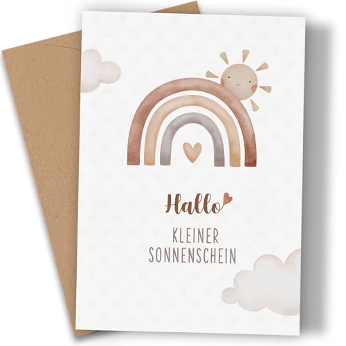 Karte Geburt Mädchen & Junge - Geburtskarte mit Kraftpapier Umschlage - Glückwunschkarte zur Geburt Junge Mädchen Babyparty Baby Karte Geburt Klappkarte Hallo kleiner Sonnenschein Boho Regenbogen (A6) von Legezon