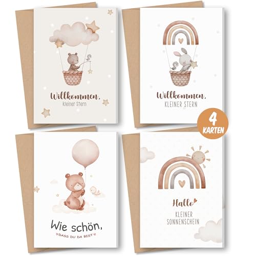 Karte zur Geburt für Mädchen und Jungen Karte Geburt 4er-Set - A6 Klappkarten Premium Geburtskarte mit Kraftpapier Umschlage - Glückwunschkarte zur Geburt Babyparty Karte Baby Geschenk zur Geburt von Legezon