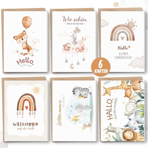 Karte zur Geburt für Mädchen und Jungen Karte Geburt 6er-Set - A6 Klappkarten Premium Geburtskarte mit Kraftpapier Umschlage - Glückwunschkarte zur Geburt Babyparty Karte Baby Geschenk zur Geburt von Legezon