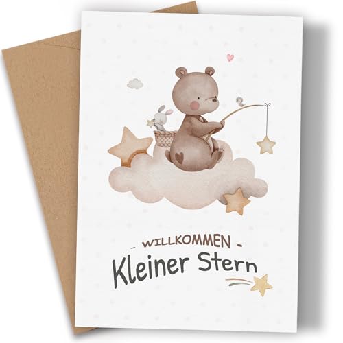 Karte zur Geburt für Mädchen und Jungen - Premium Glückwunschkarte zur Geburt Baby mit Umschlag Willkommen kleiner Stern Grußkarte mit niedlichen Bären Wolken - Geschenk zur Geburt Klappkarte(A6) von Legezon