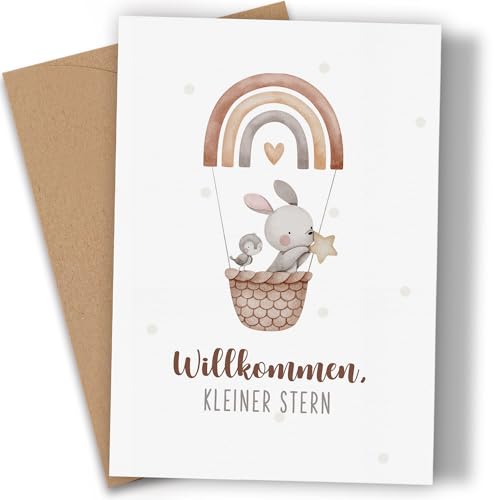 Premium Karte zur Geburt - Geburtskarte Mädchen & Junge - schöne Baby Karte mit Umschlag aus Kraftpapier - Glückwunschkarte Geburt Willkommen kleiner Stern Hase Karten zur Geburt Klappkarte (A6) von Legezon