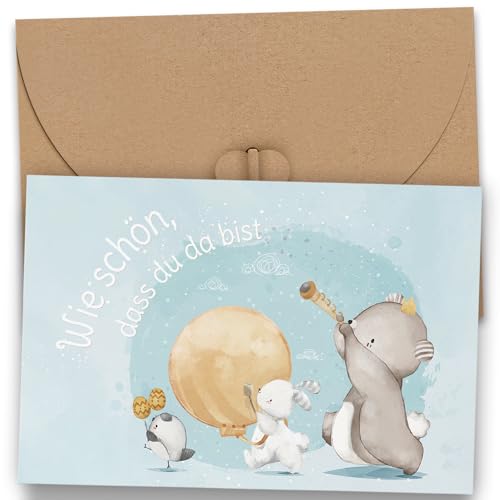 Premium Karte zur Geburt - Geburtskarte Mädchen & Junge - schöne Karte Geburtstag Baby Karte mit Kraftpapier Umschlag - Glückwunsch-Karte Geburt mit niedlichem Aquarell Elefant Hase Klappkarte (A6) von Legezon