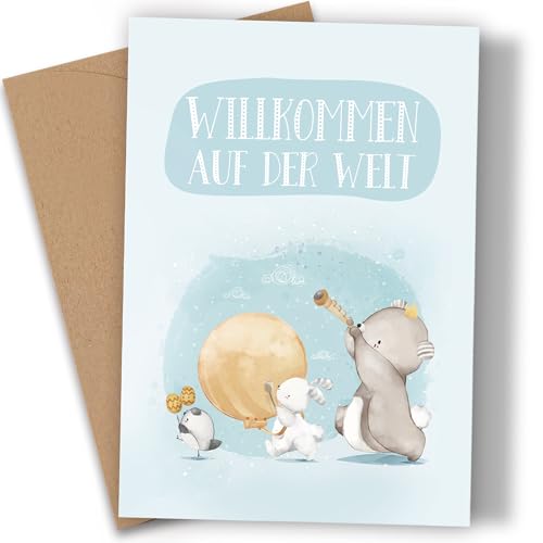 Premium Karte zur Geburt - Geburtskarte Mädchen & Junge - schöne Karte Geburtstag Baby Karte mit Kraftpapier Umschlag - Willkommen auf der Welt - niedlichem Aquarell Elefant Hase Klappkarte (A6) von Legezon