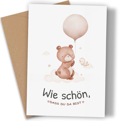 Premium Karte zur Geburt - Glückwunschkarte zur Geburt Baby - Personalisiert Baby Karte mit Umschlag aus Kraftpapier -Karten zur Geburt Junge & Mädchen - Schöne Klappkarte Bären-Ballonmuster(A6) von Legezon