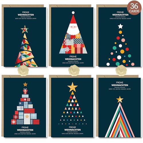 Weihnachtskarten - 36 Premium Weihnachtskarten mit Umschlag Set - Kleine Weihnachtskarten Klappkarten A6 Recycelt Karten Weihnachten Grußkarten für Familie Freunde Geschäftlich Weihnachtspostkarte von Legezon