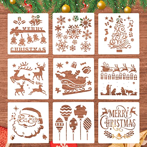 9 Stück Schablonen Weihnachten, 20 x 20 cm Kunststoff Zeichenschablonen Malschablonen Stanzschablonen Wiederverwendbare für DIY Kartenbasteln Bullet Journal Album Scrapbooking Wand Weihnachten Dekor von Leikedun