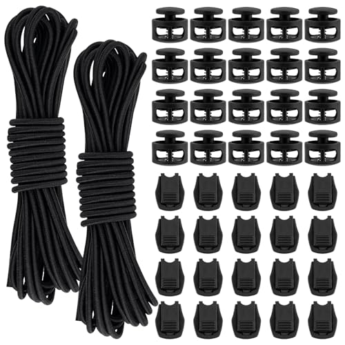 Elastische Gummischnur 3 mm x 10 m Schwarz Gummiband Elastisches Nylonband mit 20 Kordelstopper Kordelklemme 20 Kordelstopper 2 Loch für Kordelzug, Rucksack, Schnürsenkel Federschnalle von Leikedun