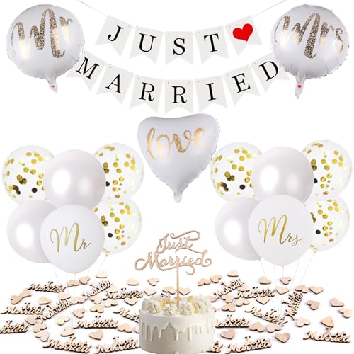 Just Married Deko Hochzeitsdeko Kit, Mr & Mrs Deko Hochzeit Luftballons, Just Married Girlande, Konfetti Hochzeit Holz Hochzeitsdeko, Cake Topper Hochzeit und Herzluftballons von Leikedun