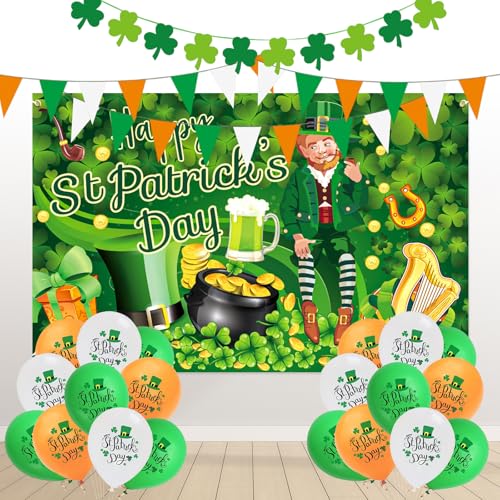 St. Patricks Day Dekorationen St. Patricks Day Zubehör, großes Happy St. Patrick's Day Banner 10 m irisches Wimpelbanner Kleeblatt Girlande 20 Stück St. Patricks Day Ballons für Zuhause, Bar, irisches von Leikedun