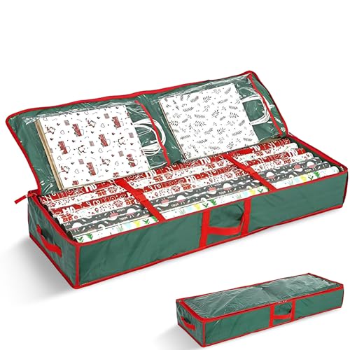 Aufbewahrungstasche für Geschenkpapier, 106x35x15 cm Geschenkpapier Aufbewahrung Reißfest, 600D Oxford Tuch Geschenkpapier Organizer mit 3 Fächern für Bänder Schleifen Weihnachtspapier Dekorationen von Leikurvo