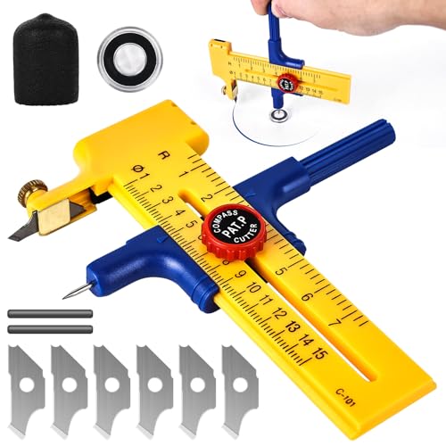 Kreisförmiger Papierschneider, Kreisschneider für Kreise von 1-30cm, Kompass-Schneider mit 6 Klingen Zirkelschneider zum Schneiden von Papierkarton Leder, Rundschneider aus Kunststoff von Leikurvo