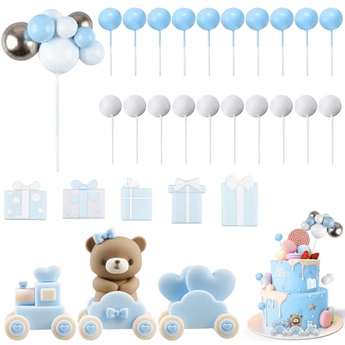 Kuchen Dekoration, Blau Kuchen Deko Tortendeko Kit, Bär Blau Zug Baby Bär Zug Geburtstagstorte Deko DIY Happy Birthday Tortendeko Baby Dusche für Babyparty Hochzeit Kuchendekoration Hochzeitstag von Leikurvo