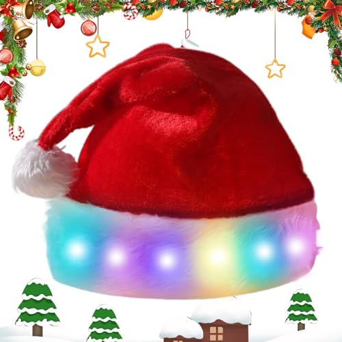 Leikurvo Nikolausmütze Rot Weihnachtsmütze, LED Weihnachtsmützen Erwachsene Plüsch Rand Santa Mütze mit Farbe LED-Lichter Weihnachtsmann Nikolaus Mütze für Neujahr Festliche Weihnachtsfeier von Leikurvo