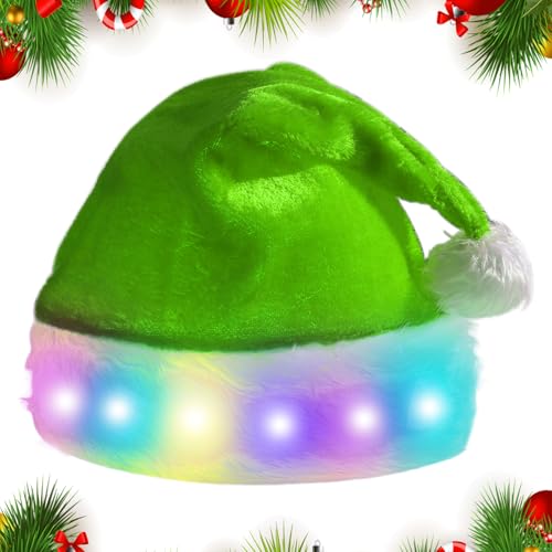 Nikolausmütze Grün Weihnachtsmütze, LED Weihnachtsmützen Erwachsene Plüsch Rand Santa Mütze mit Farbe LED-Lichter Weihnachtsmann Nikolaus Mütze für Neujahr Festliche Weihnachtsfeier von Leikurvo