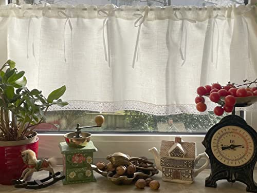 Bistrogardine Kurzgardine Vorhang Gardine 100% Öko Leinen mit Spitze Weiß 140x45 cm Landhaus Shabby Retro NEU+OVP Dalia von Leinenshop24