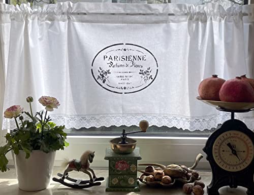 Leinenshop24 Bistrogardine Kurzgardine Weiß mit Spitze 100% Baumwolle 140 x 43 cm Landhaus Shabby Retro Cafe de Paris French Vintage Retro von Leinenshop24