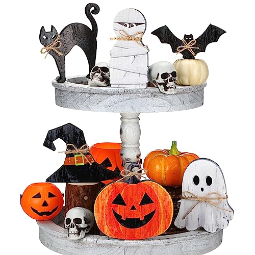 Leinuosen 6 Stück Halloween abgestuftes Tablett Dekor Halloween Dekorationen Schwarze Katze Mama Geist Kürbis Fledermaus Hexenhut Stehende Halloween Holzschilder Halloween Tisch Mittelstück für von Leinuosen