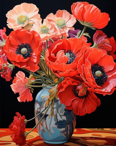 Rote Mohnblumen, Malen Nach Zahlen Für Erwachsene, Rote Blumen In Einer Vase, Diy-Ölgemälde-Set, Leinwand Mit Acrylfarbe, Blumen- Und Pflanzenkunst (Ohne Rahmen)(40x50cm) von Leisouu