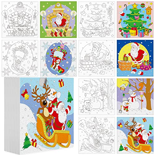 12 Stück 15,2 x 15,2 cm Weihnachten vorgezeichnete Leinwand zum Malen von gespannten Weihnachtsbäumen, Weihnachtsmann, Schneemann, Leinwand mit Bildern zum Bemalen mit Holzstaffelei für Weihnachten von Leitee