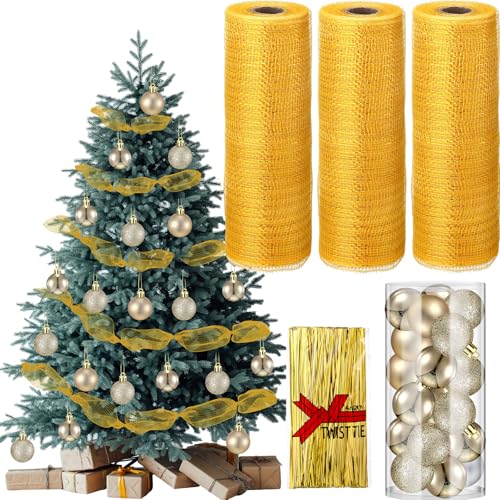 Leitee 3 Stück metallisches breites Netzband für Weihnachtsbaumdekoration mit 24 Weihnachtskugeln und 300 Stück Krawattensträngen für Kränze, Partygirlanden, 25,4 cm x 9,1 m, 9,1 m (Gold) von Leitee