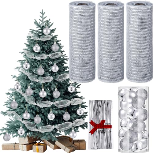 Leitee 3 Stück metallisches breites Netzband für Weihnachtsbaumdekoration mit 24 Weihnachtskugeln und 300 Stück Krawattensträngen für Kränze, Partygirlanden, 25,4 cm x 9,1 m, 9,1 m (Silber) von Leitee