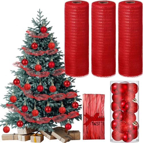 Leitee 3 Stück metallisches breites Netzband für Weihnachtsbaumdekoration mit 24 Weihnachtskugeln und 300 Stück Krawattensträngen für Kränze, Partygirlanden, 25,4 cm x 9,1 m, 9,1 m (rot) von Leitee