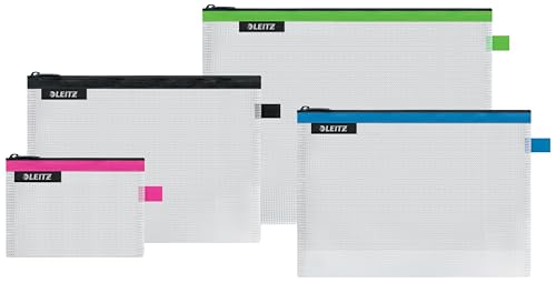 Leitz 4er-Set WOW Traveller Zip-Beutel, Transparent, Ideal zur Organisation, Wasserabweisend, Größe: S (pink), M (schwarz), L (grün) und die Kosmetiktasche (blau), 40160099 von Leitz