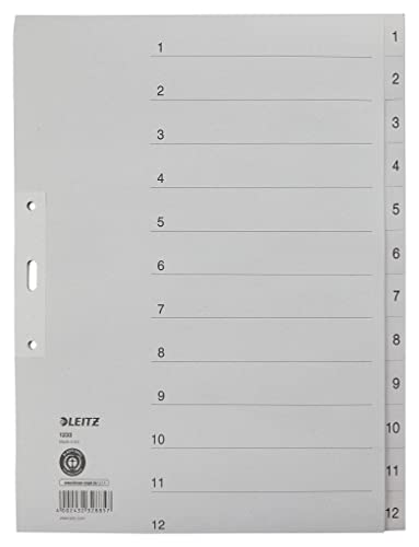 Leitz 1233-00-85 Zahlenregister - 1-12, Papier, A4 Überbreite, 12 Blatt, grau von Esselte