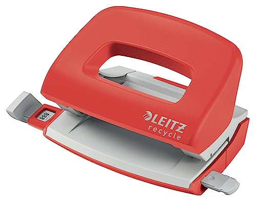 Leitz NeXXt Recycle Mini-Locher, 10 Blattlocher A4, kleiner Papierlocher für Büro & Schule, 100 Prozent recyclebar, umweltfreundlich, Recycle-Sortiment, Rot, 50100025 von Leitz